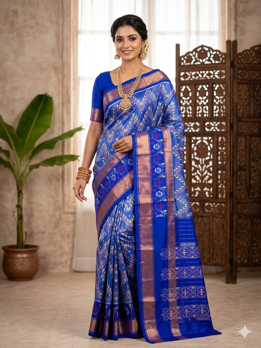 Pochampally Ikkat Pure Silk Saree in Bright Blue & Cobalt Pallu Zari Border