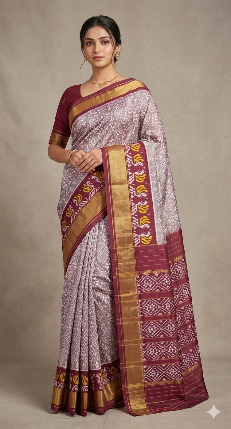 Pochampally Ikkat Pure Silk Saree in Soft Lavender Grey & Wine Maroon Pallu Zari Border