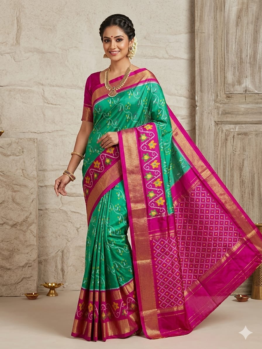 Pochampally Ikkat Pure Silk Saree in Sea Green & Magenta Pink with Pallu Zari Border