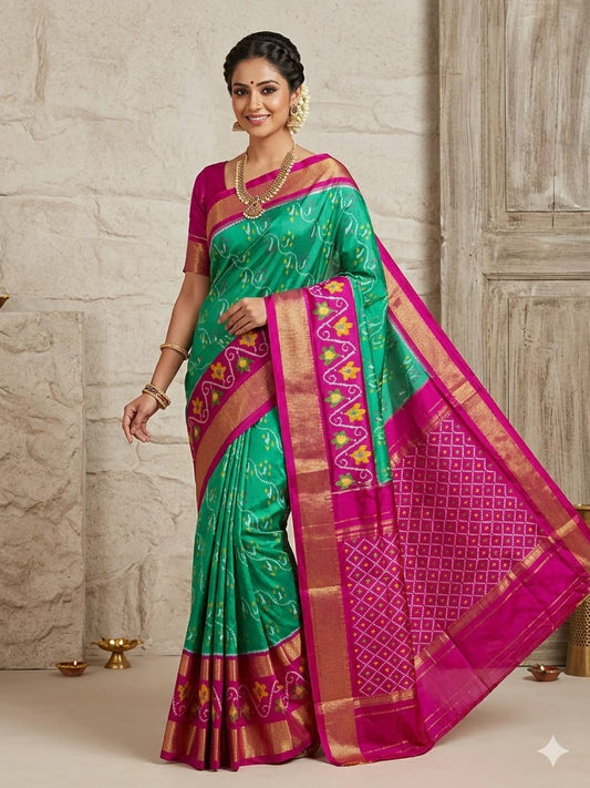 Pochampally Ikkat Pure Silk Saree in Sea Green & Magenta Pink with Pallu Zari Border