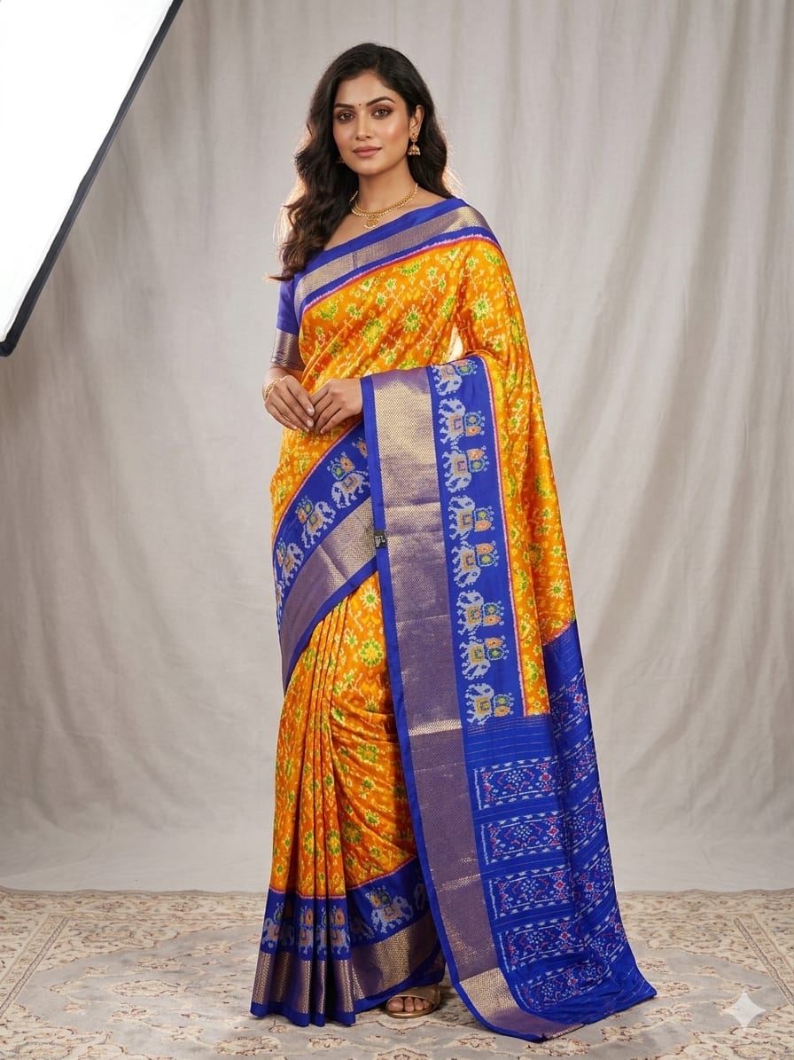 Pochampally Ikkat Pure Silk Saree in Mustard Yellow & Royal Blue Pallu with Elephant Zari Border