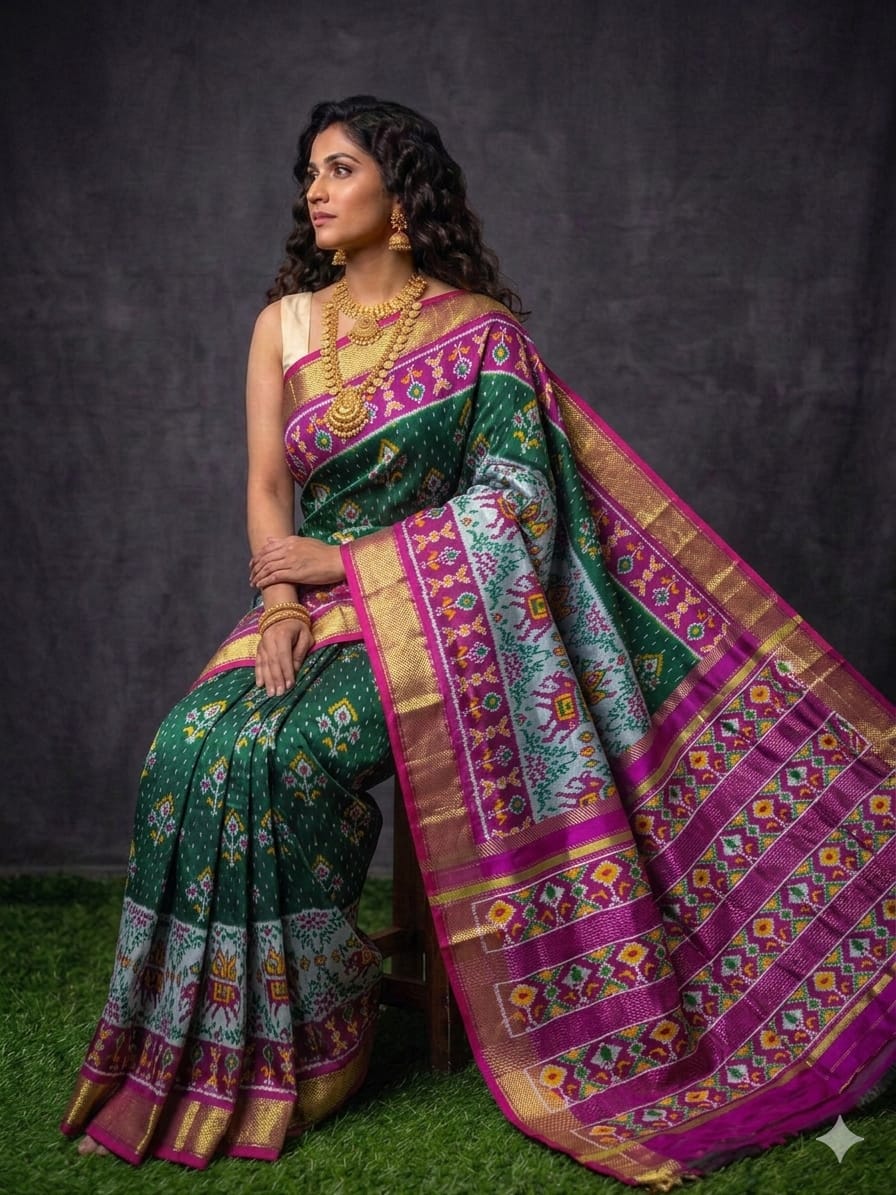 Pochampally Ikkat Pure Silk Saree in Bottle Green & Pink Pallu Zari Border