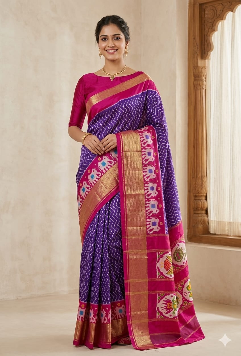 Pochampally Ikkat Pure Silk Saree in Purple & Magenta Pink with Pallu Zari Border