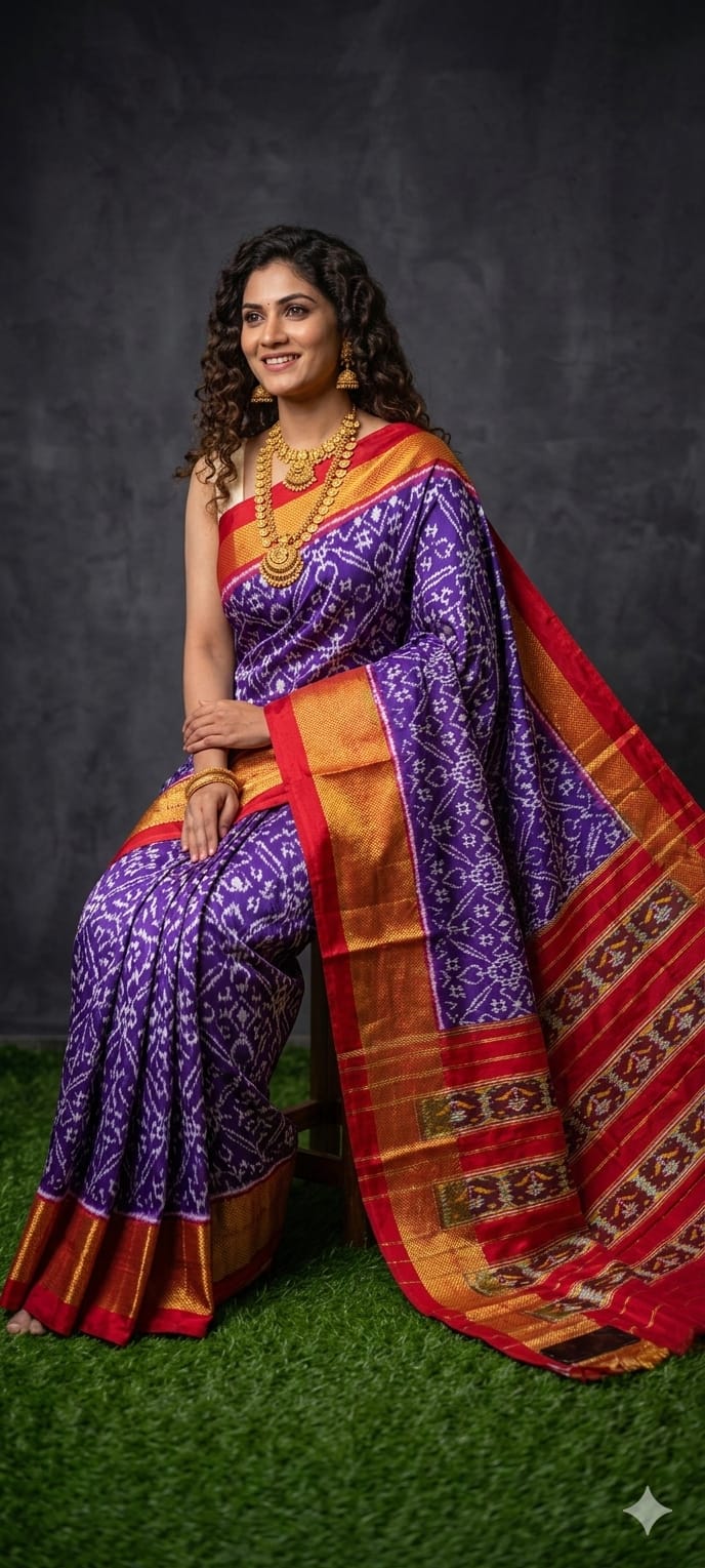 Pochampally Ikkat Pure Silk Saree in Violet Purple & Red Diamond with Pallu Zari Border