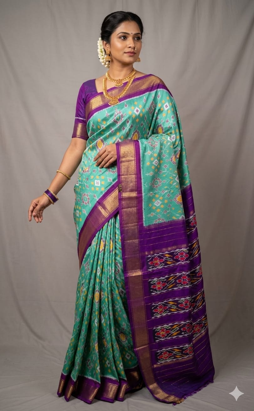 Pochampally Ikkat Pure Silk Saree in Sea Green & Purple Diamond with Pallu Zari Border