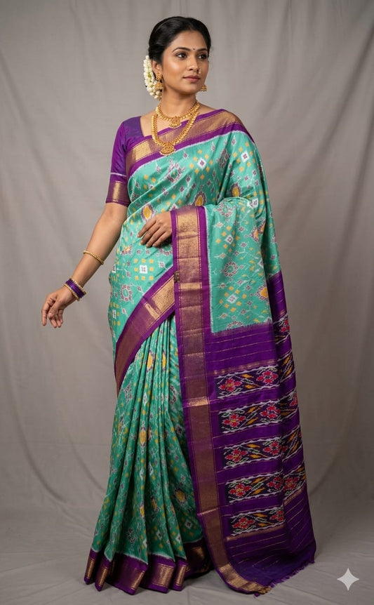 Pochampally Ikkat Pure Silk Saree in Sea Green & Purple Diamond with Pallu Zari Border
