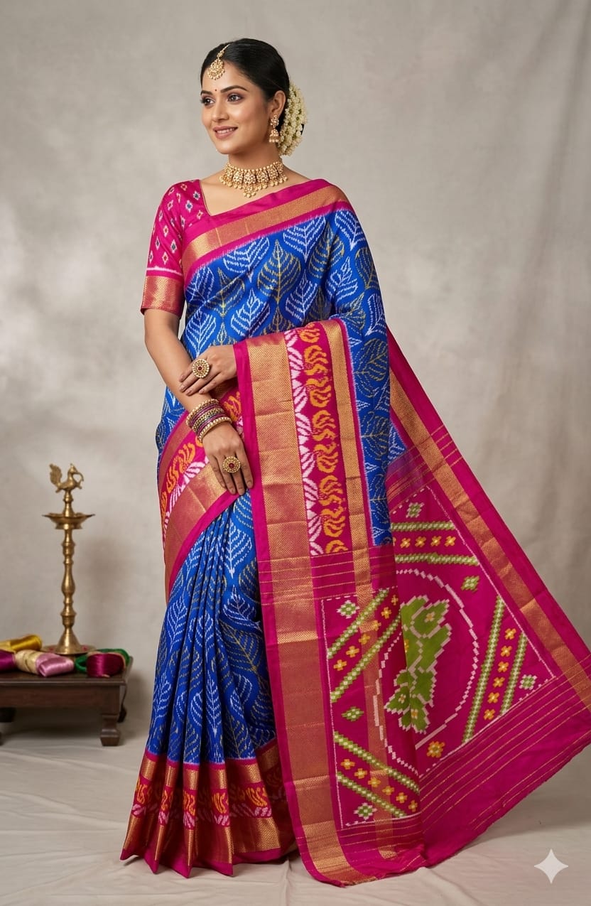 Pochampally Ikkat Pure Silk Saree in Royal Blue & Magenta Pink with  Pallu Zari Border