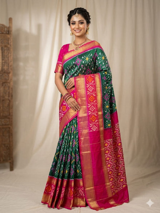 Pochampally Ikkat Pure Silk Saree in Green & Magenta Pink Diamond with Pallu Zari Border