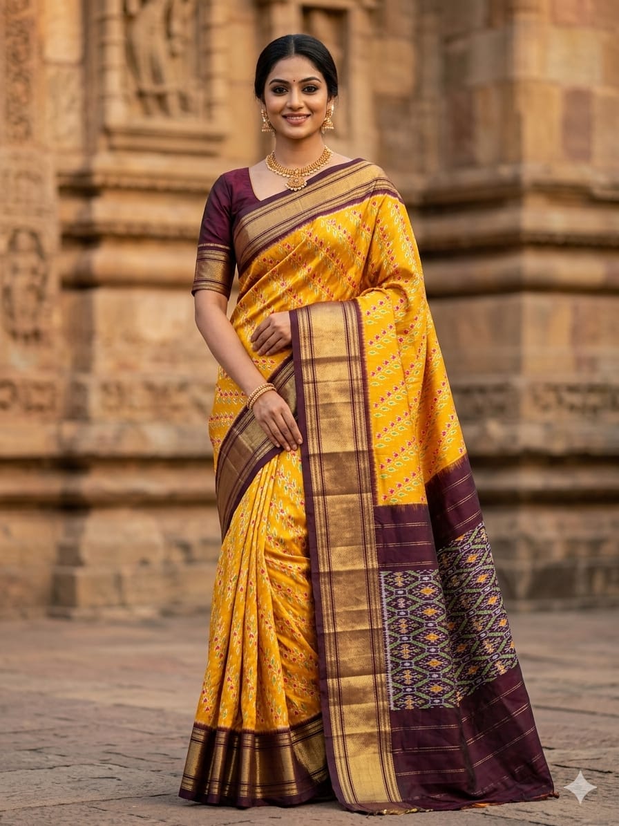 Pochampally Ikkat Pure Silk Saree in Mustard Yellow & Maroon Pallu with Zari Border