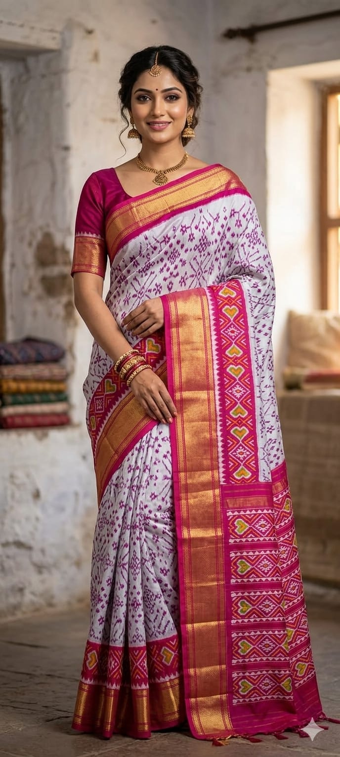 Pochampally Ikkat Pure Silk Saree in Lavender White & Magenta Pink with Pallu Zari Border