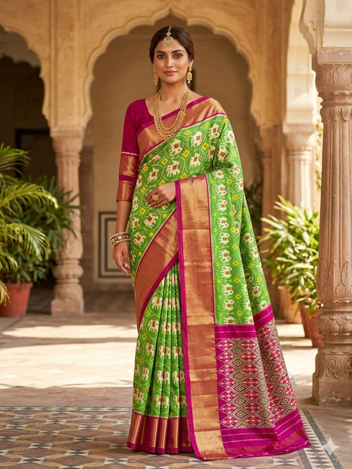 Pochampally Ikkat Pure Silk Saree in Parrot Green & Magenta Pink Elephant Pallu Zari Border