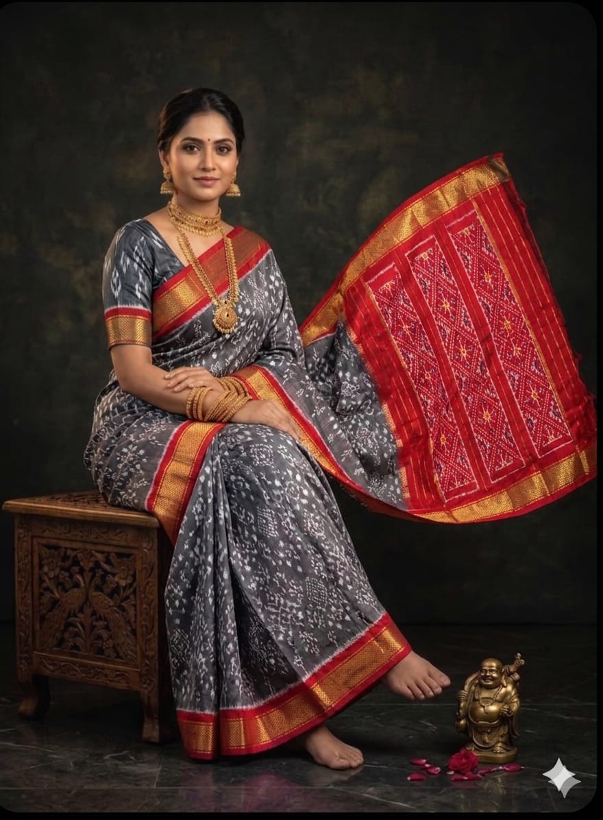Pochampally Ikkat Pure Silk Saree in Charcoal Grey & Dark Red with Pallu Zari Border