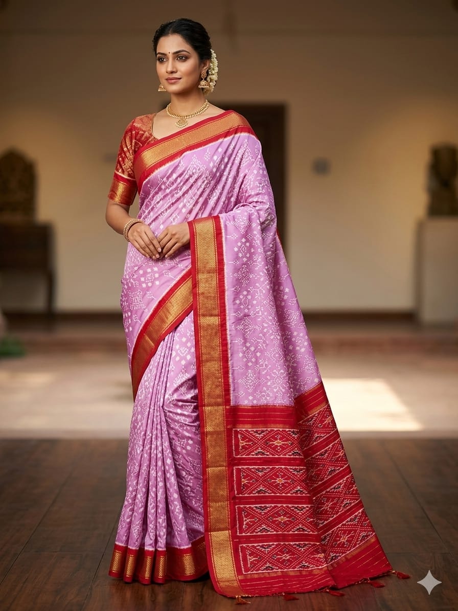 Pochampally Ikkat Pure Silk Saree in Pastel Lilac Pink & Red with Pallu Zari Border