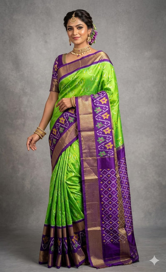 Pochampally Ikkat Pure Silk Saree in Lime Green & Deep Purple with Pallu Zari Border