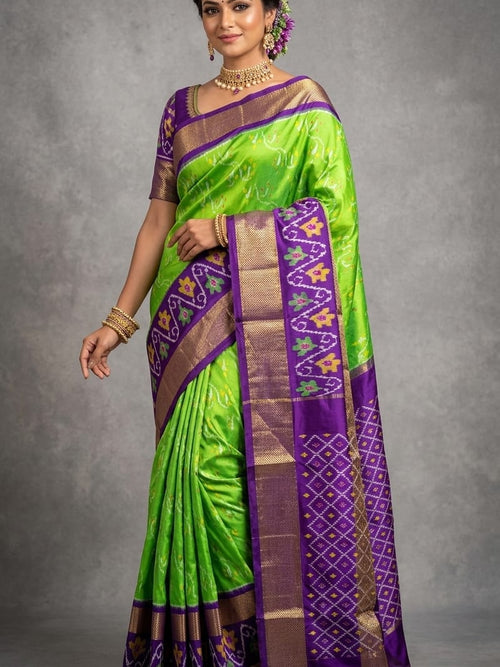 Pochampally Ikkat Pure Silk Saree in Lime Green & Deep Purple with Pallu Zari Border