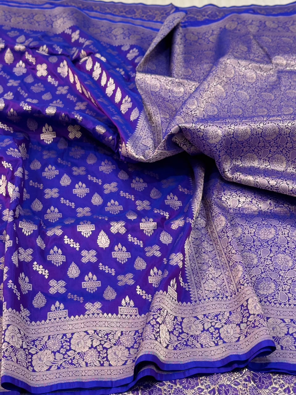 Handloom Banarasi Pure Katan Jangla Silk Saree in Royal Blue with Antique Zari Border
