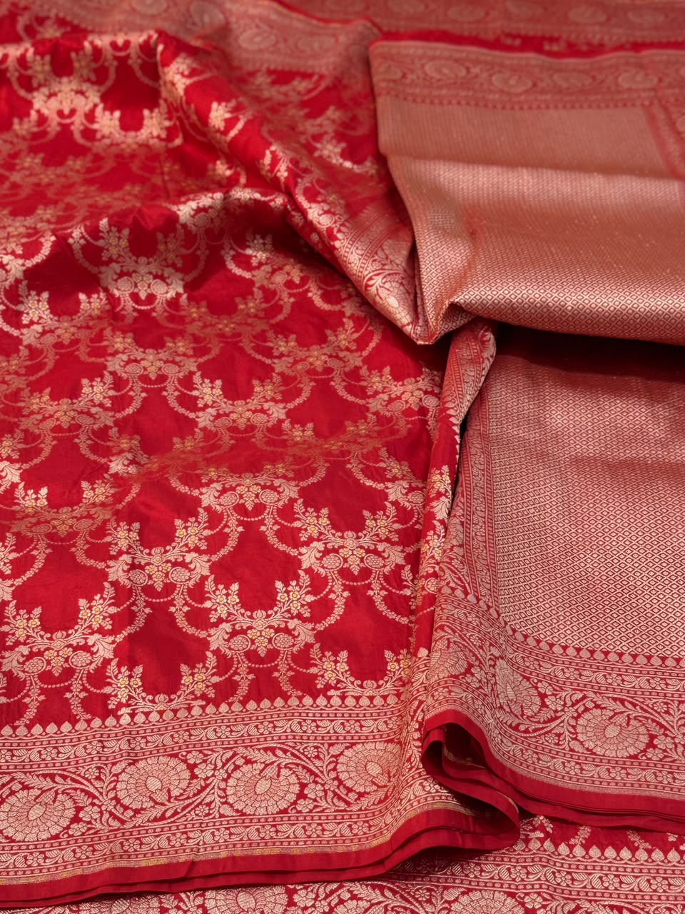 Handloom Banarasi Pure Katan Silk Jangla Saree Crimson Red & Fine Zari Border