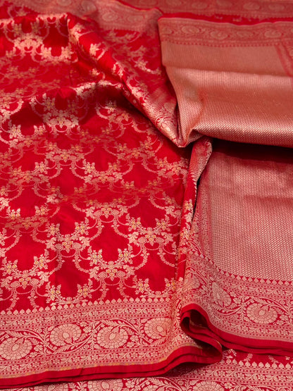 Handloom Banarasi Pure Katan Silk Jangla Saree Crimson Red & Fine Zari Border
