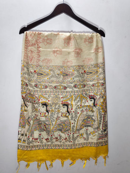Madhubani Folk Art Tussar Silk Dupatta with Beige & Mustard Yellow Border