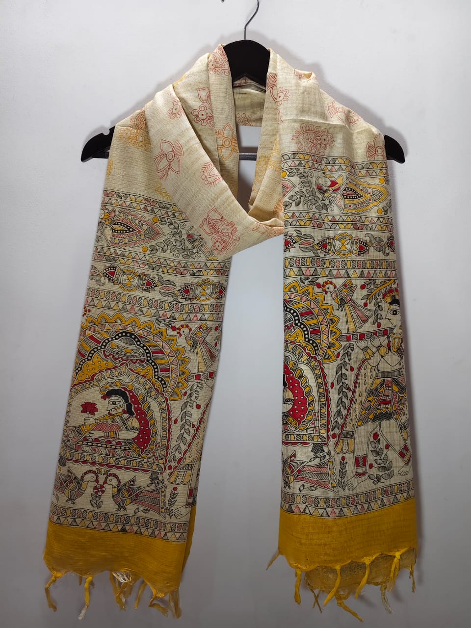 Madhubani Folk Art Tussar Silk Dupatta with Beige & Mustard Yellow Border