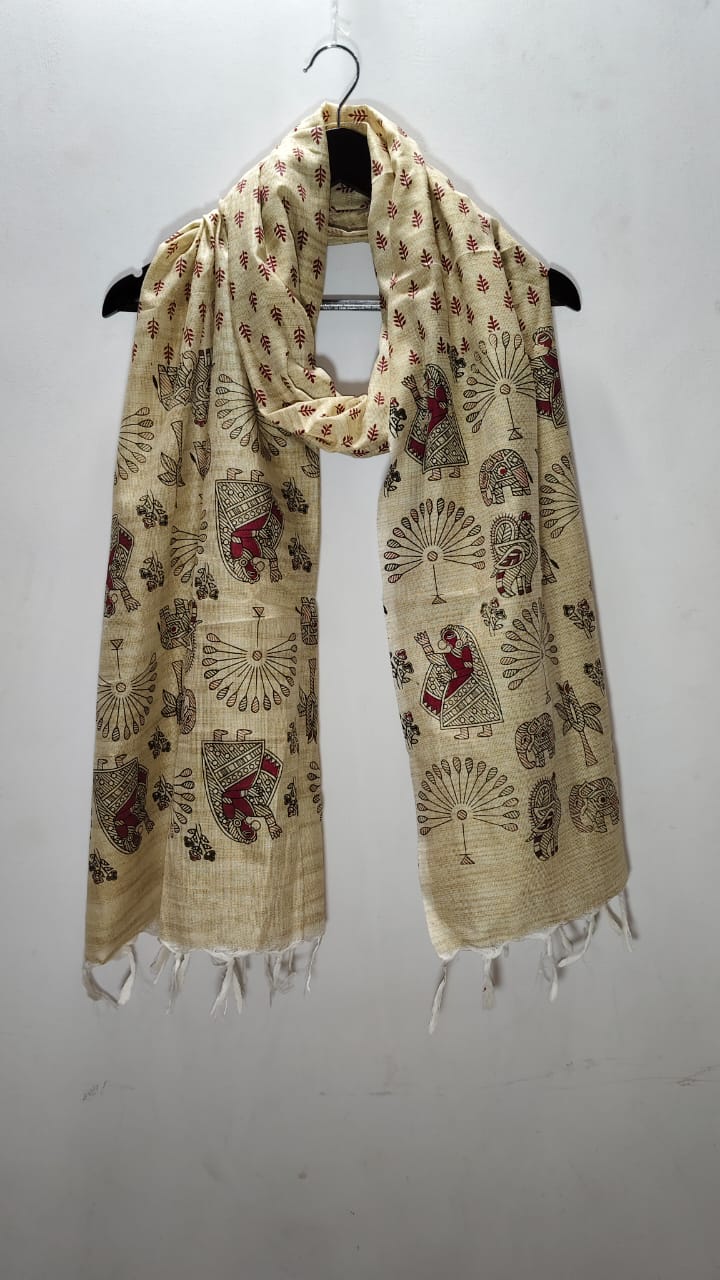 Madhubani Folk Art Tussar Silk Dupatta Maroon Tree of Life & Elephant Motifs
