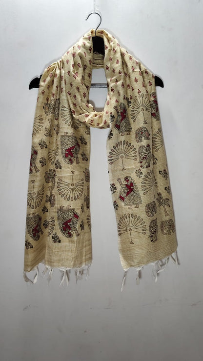 Madhubani Folk Art Tussar Silk Dupatta Maroon Tree of Life & Elephant Motifs