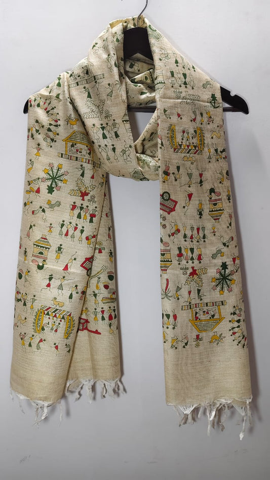 Madhubani Warli Folk Art Tussar Silk Dupatta Beige Tribal Village Life Floral