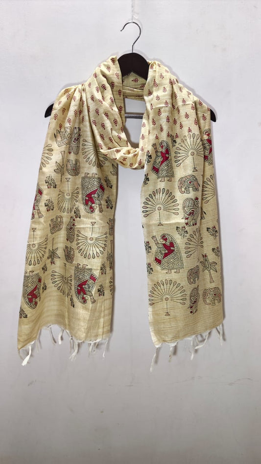 Madhubani Folk Art Tussar Silk Dupatta Beige & Crimson Tree of Life Floral