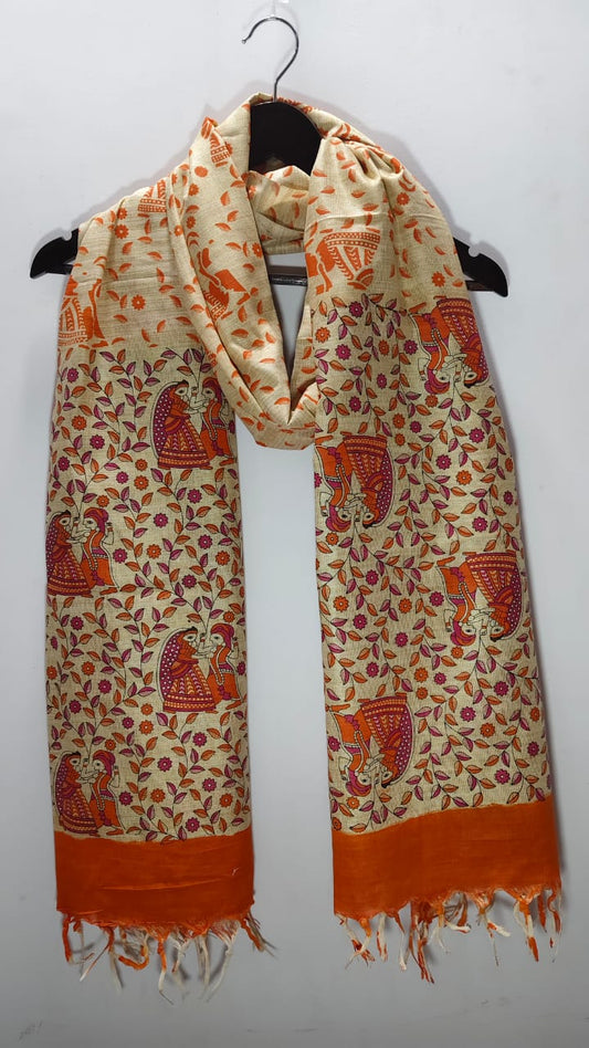 Madhubani Folk Art Tussar Silk Dupatta Orange & Magenta Floral