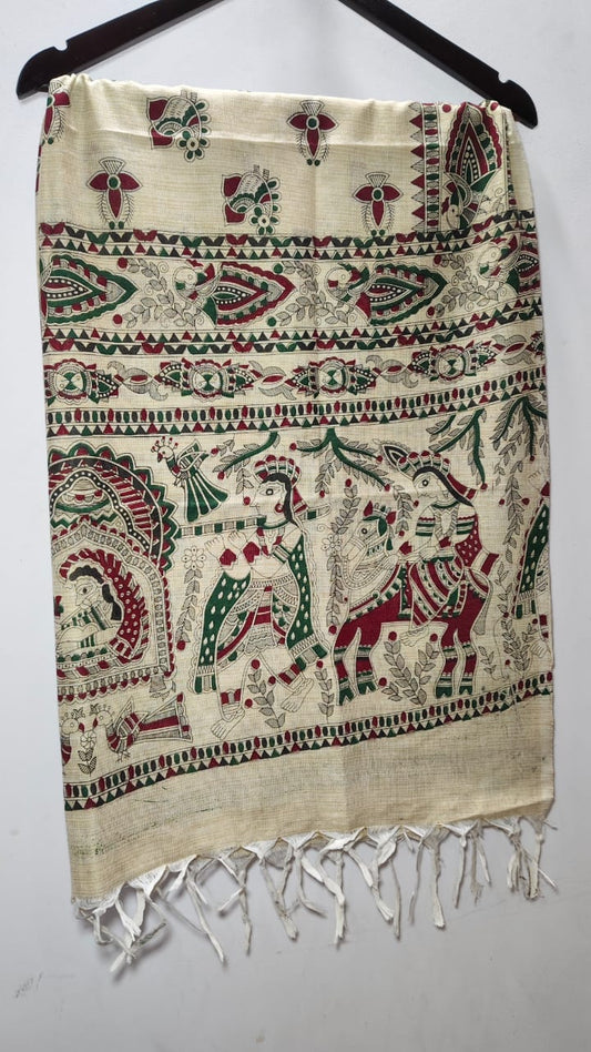 Madhubani Folk Art Tussar Silk Dupatta Forest Green & Crimson Radha Krishna