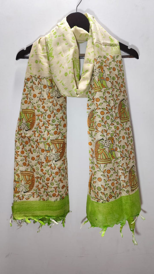 Madhubani Folk Art Tussar Silk Dupatta - Parrot Green & Ochre Floral
