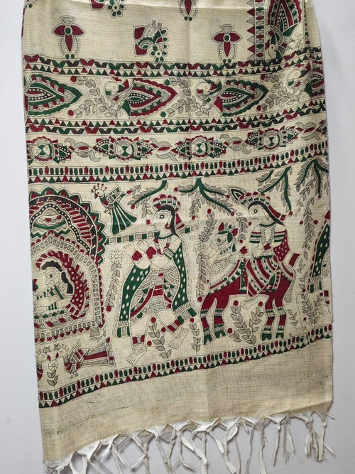 Madhubani Folk Art Tussar Silk Dupatta Forest Green & Crimson Radha Krishna