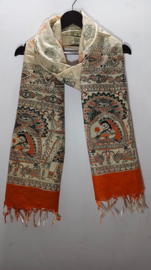 Madhubani Folk Art Tussar Silk Dupatta Orange & Olive Green Radha Krishna