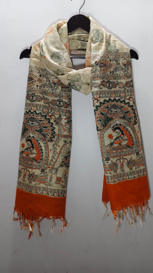Madhubani Folk Art Tussar Silk Dupatta Orange & Olive Green Radha Krishna