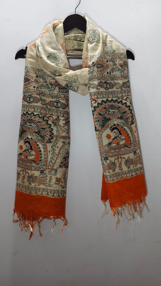 Madhubani Folk Art Tussar Silk Dupatta Orange & Chocolate Brown Floral