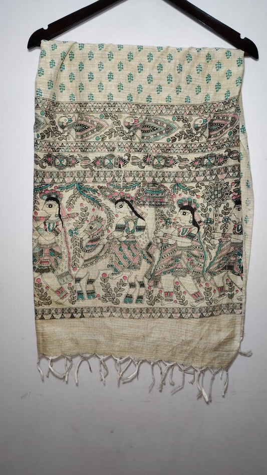 Madhubani Folk Art Tussar Silk Dupatta Peacock Teal & Soft Pink Radha Krishna