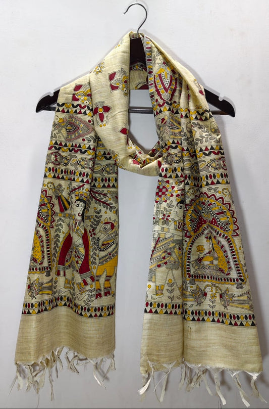 Madhubani Folk Art Tussar Silk Dupatta Beige & Crimson Radha Krishna
