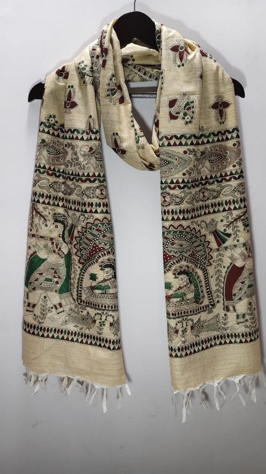 Madhubani Folk Art Tussar Silk Dupatta Forest Green & Crimson Radha Krishna