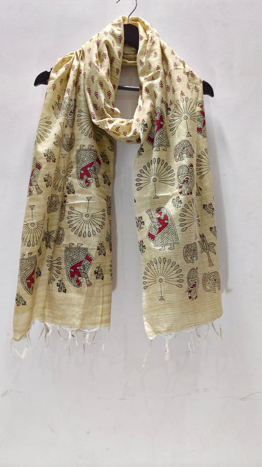 Madhubani Folk Art Tussar Silk Dupatta Beige & Crimson Tree of Life Floral