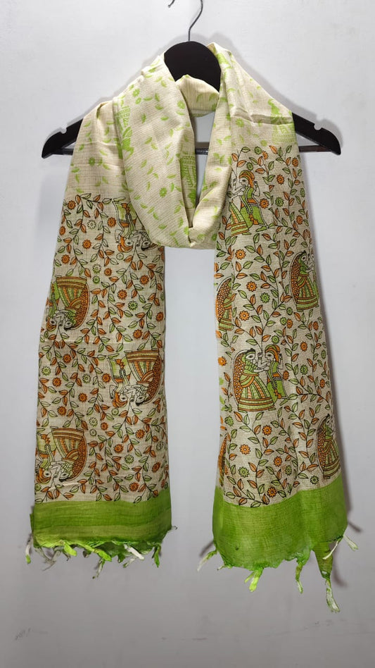 Madhubani Folk Art Tussar Silk Dupatta - Parrot Green & Ochre Floral