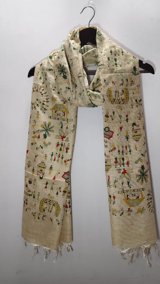 Madhubani  Warli Folk Art Beige Silk Dupatta Traditional Indian Village Motif Scarf