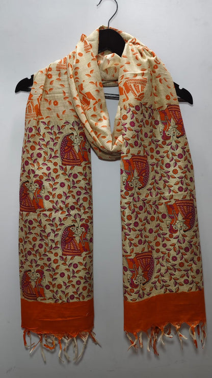 Madhubani Folk Art Tussar Silk Dupatta Orange & Magenta Floral