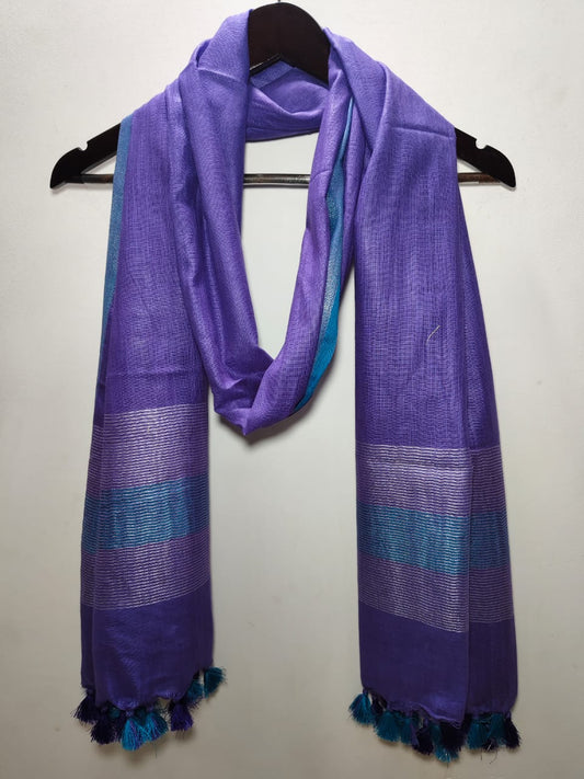 Handloom Inspired Linen Dupatta with Royal Purple, Metallic Silver & Teal Elegance