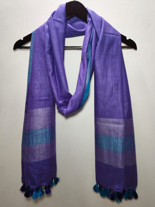Handloom Inspired Linen Dupatta with Royal Purple, Metallic Silver & Teal Elegance