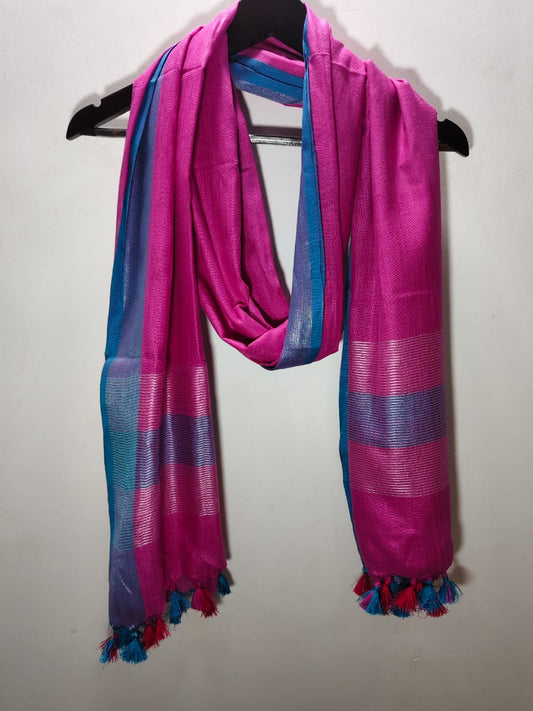 Handloom-Inspired Linen Dupatta with Hot Pink, Silver & Teal Elegance