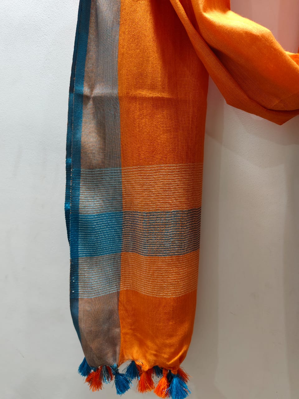 Handloom Inspired Linen Dupatta with Orange, Silver & Teal Elegance