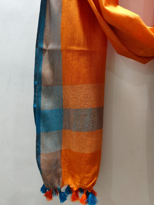 Handloom Inspired Linen Dupatta with Orange, Silver & Teal Elegance