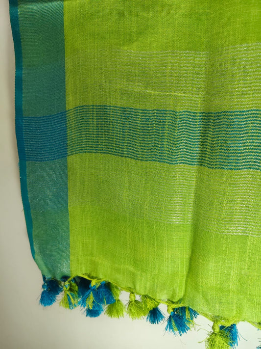 Handloom-Inspired Linen Dupatta parrot green Lime Green, Silver & Teal Elegance