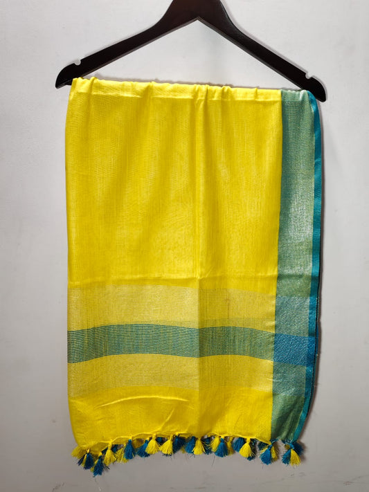 Handloom-Inspired Linen Dupatta with Bright Yellow, Silver & Teal Elegance