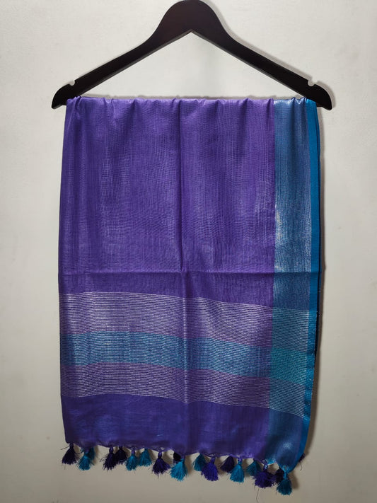 Handloom Inspired Linen Dupatta with Royal Purple, Metallic Silver & Teal Elegance